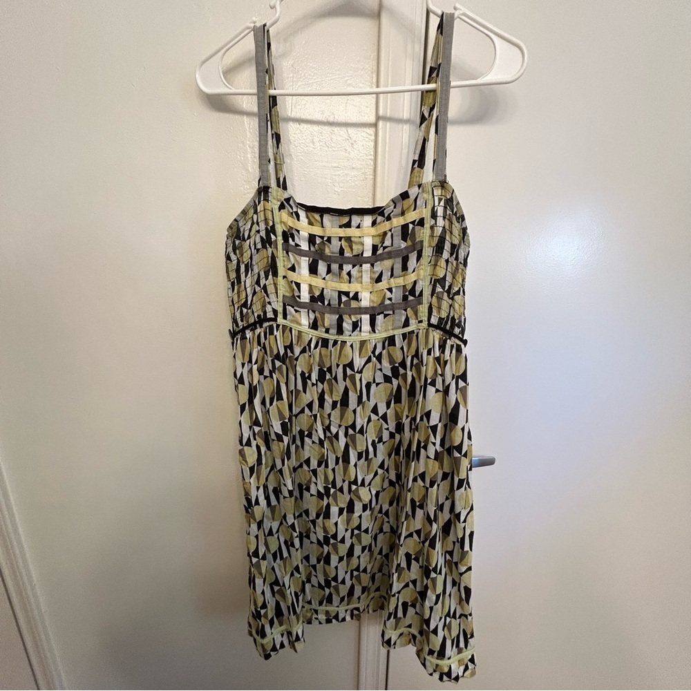 Free People Vintage Boho Smocked Yellow Patterned Tank Dress 100% Cotton Size 6